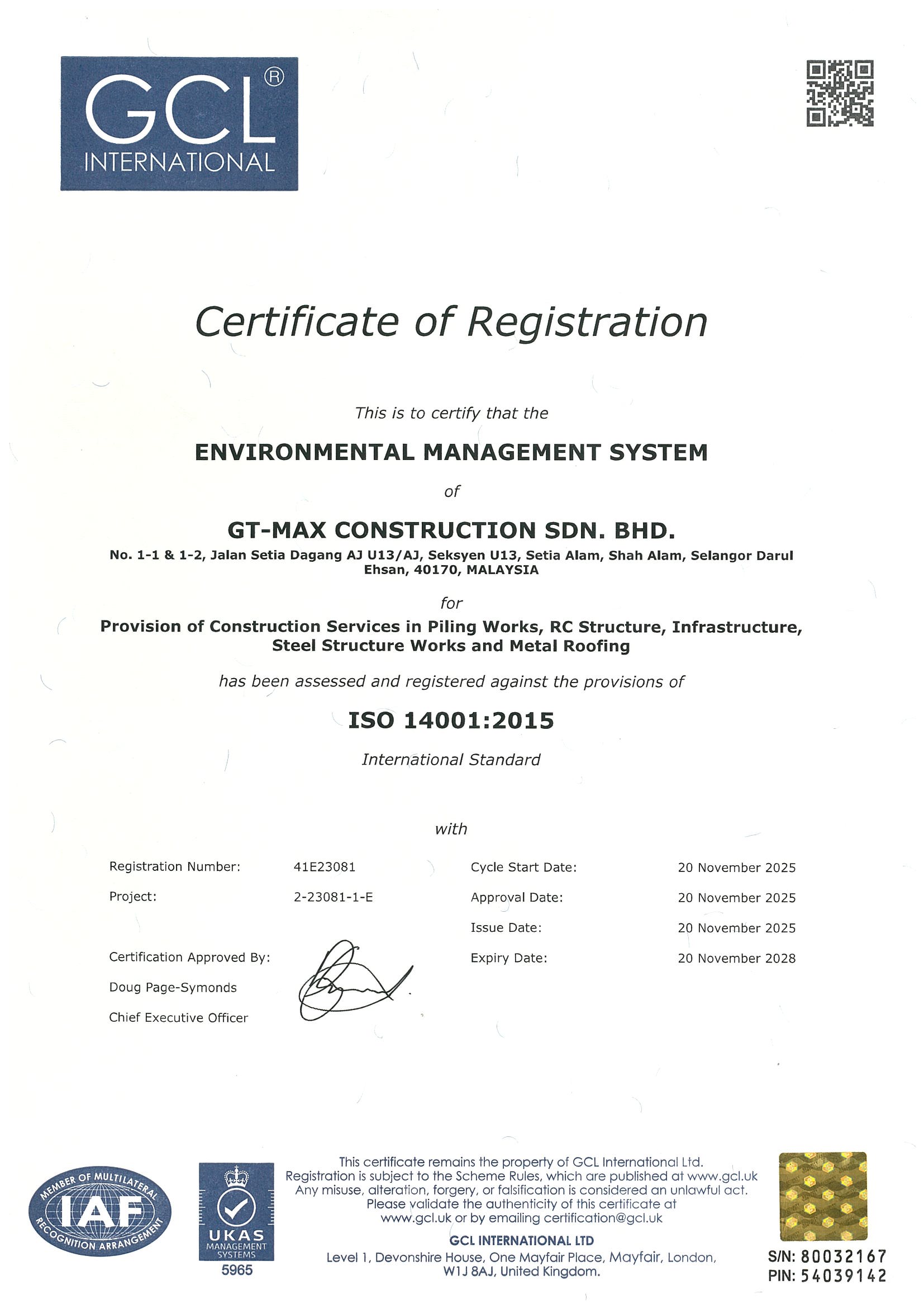 GTMC – Certificate ISO 14001(2015)